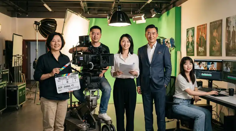 91专业影视制作团队在现代化摄影棚中合影，展示导演、摄影师、编剧、制片人和剪辑师