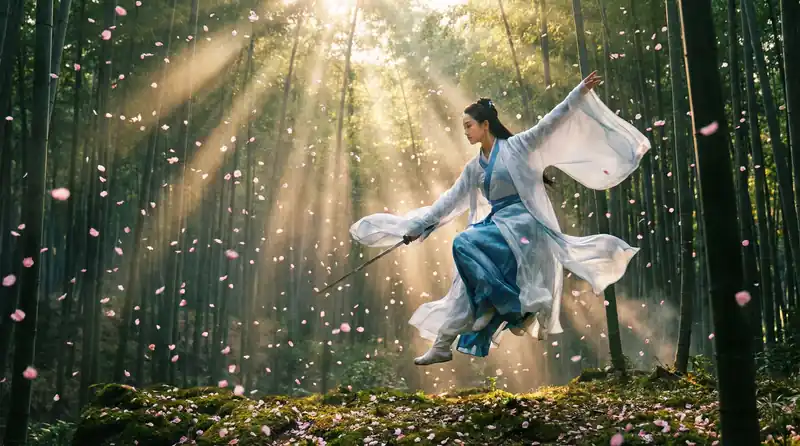 91精彩影片预告片画面，竹林中女侠飞身舞剑